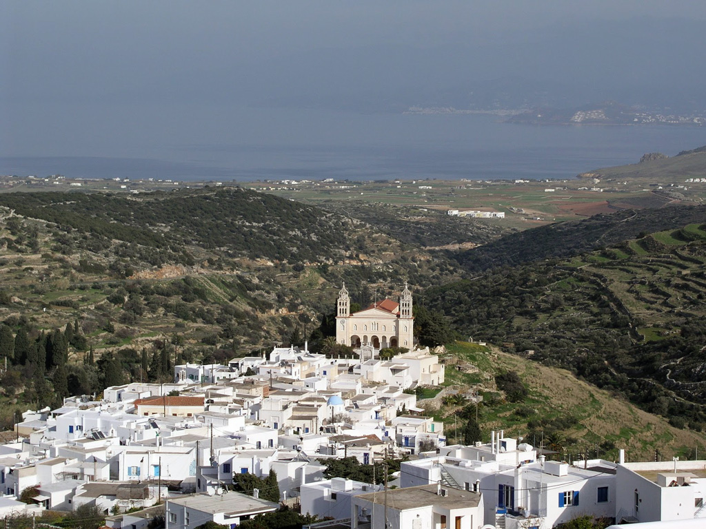 White houses-and-Holy-Trinity-church-in-Lefkes-village-on-Paros-island